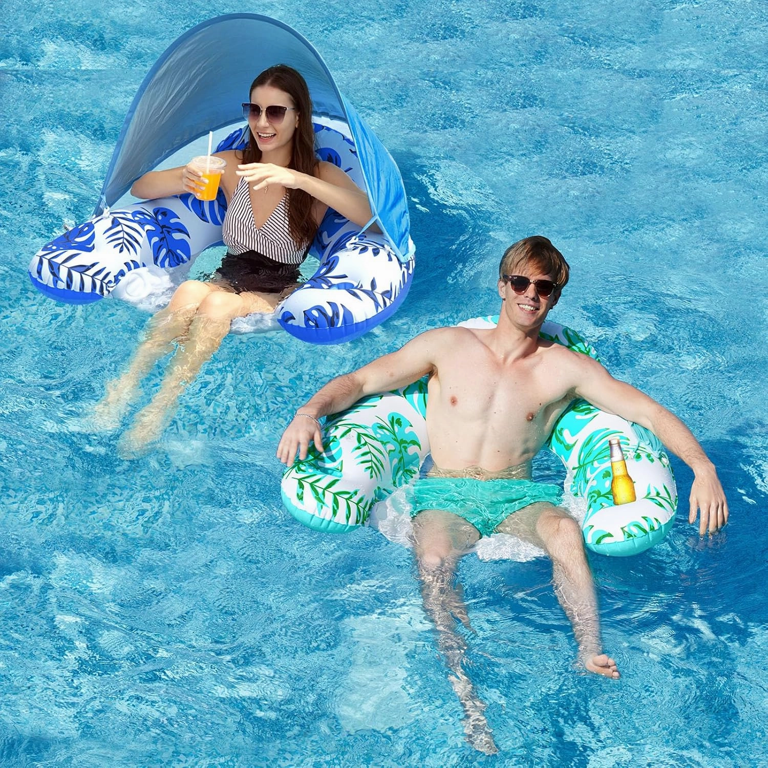 Extra Large Pool Float with Canopy for Adults Inflatable Water Toy Pool Chair Pool Lounge with Shade, 2 Cup Holder, Ergonomic Headrest