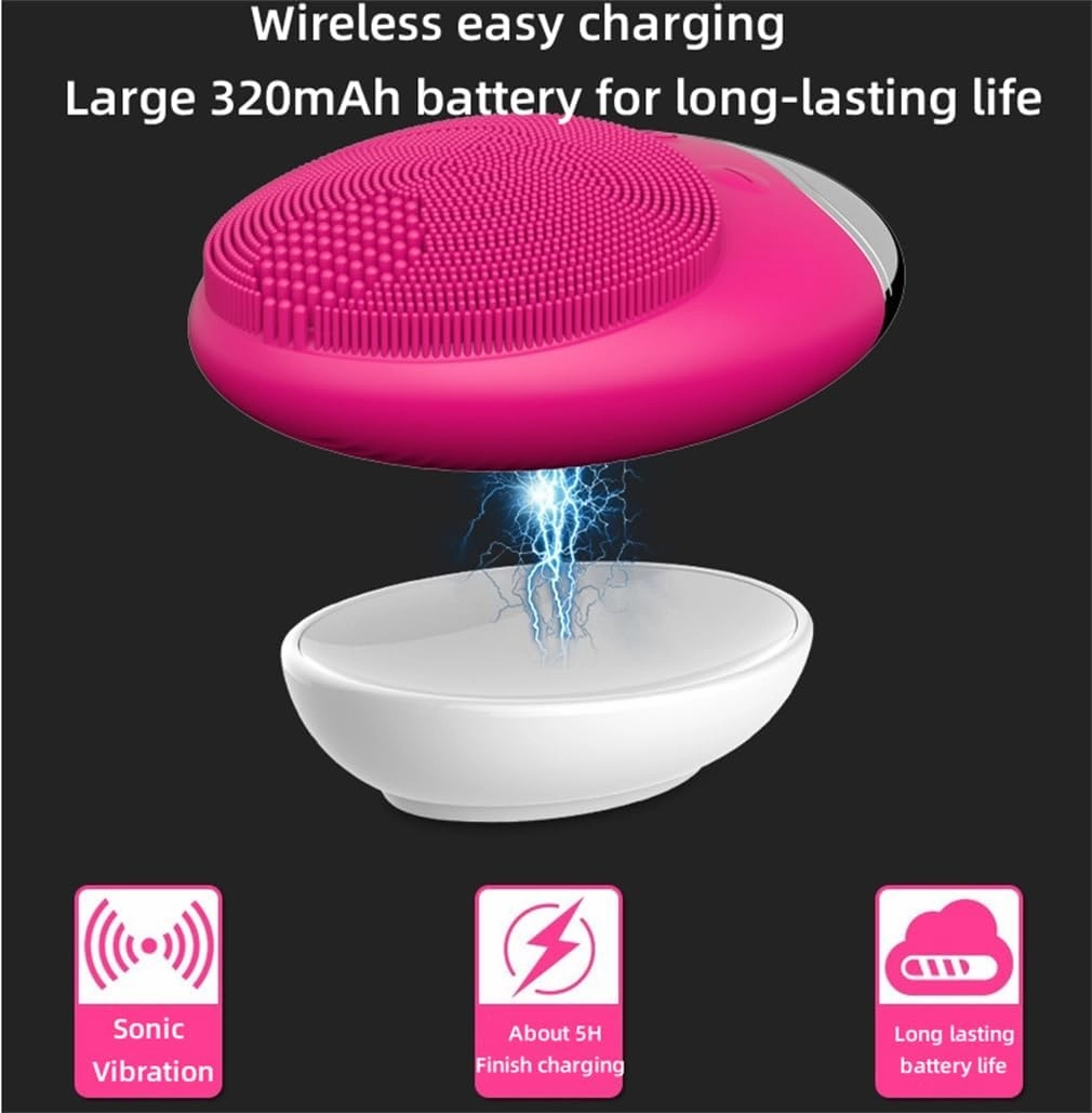 Face Cleanser Brush, Facial Massager Brush, Wireless Charging Bamboo Charcoal Multi-Frequency Control, for Exfoliating, Massaging Deep Cleansing,Pink