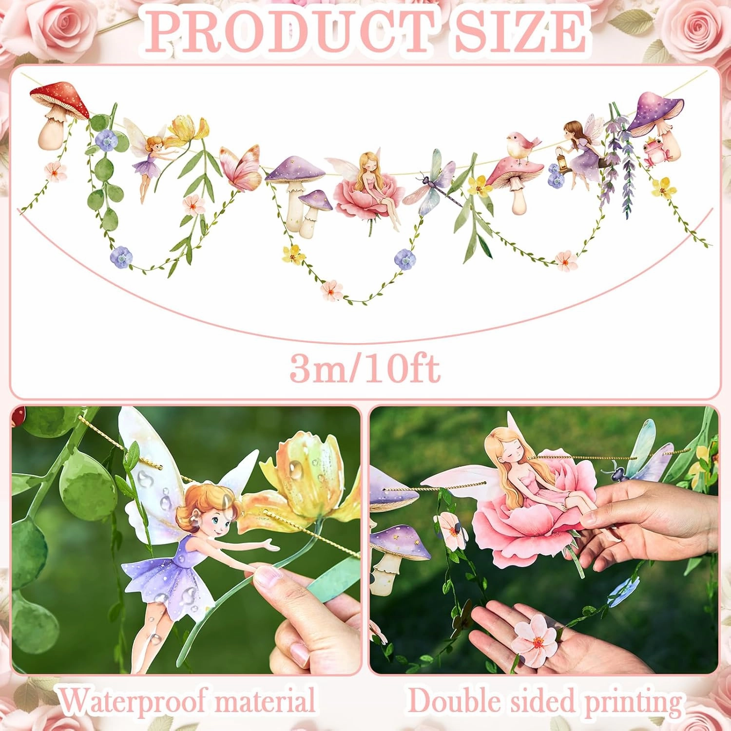 Fairy Mushroom Banner Wildflower Party Decorations Paper Flower Leaves Banner Fairy Garland for Wall Decoration Spring Baby Shower Wedding Backdrop Decorations