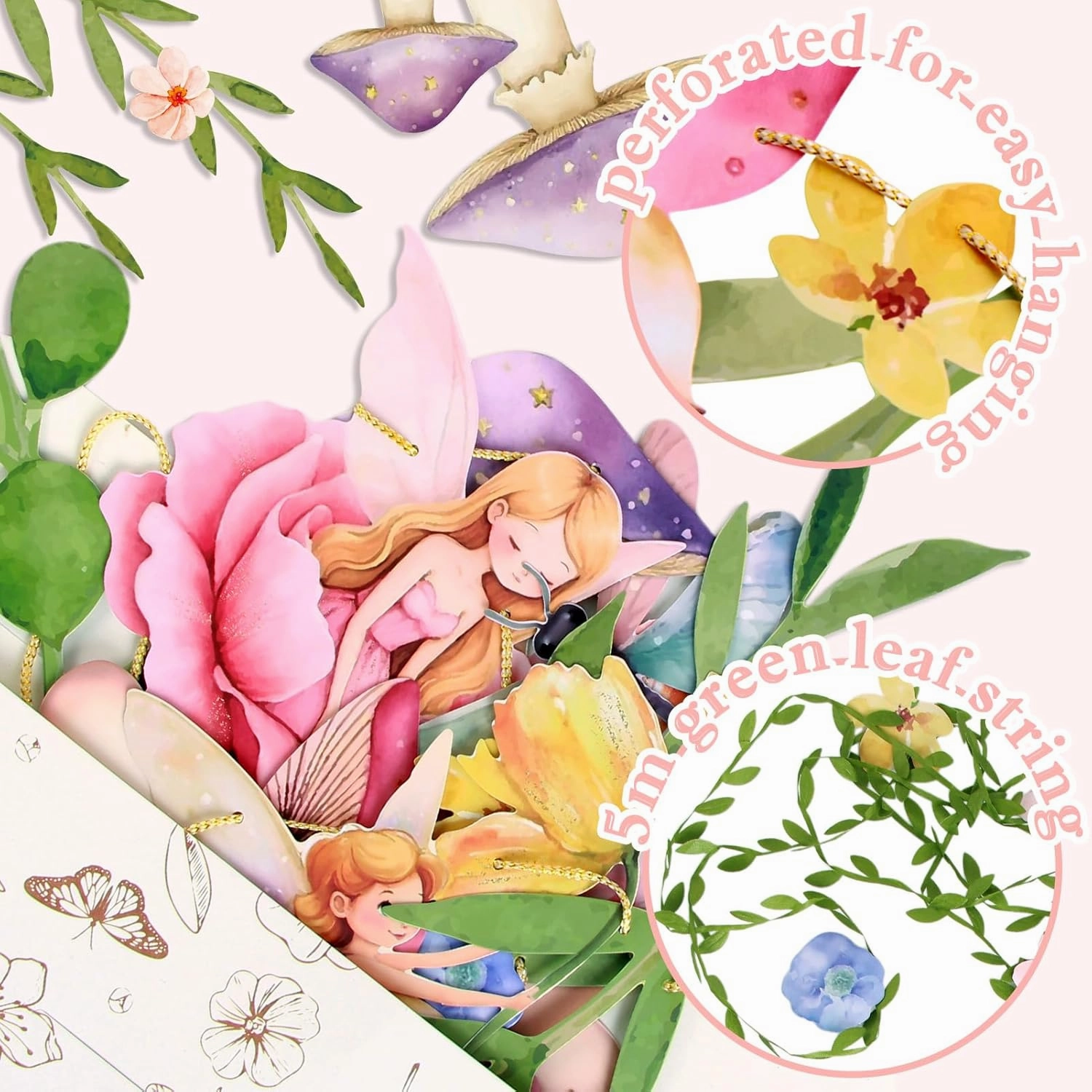 Fairy Mushroom Banner Wildflower Party Decorations Paper Flower Leaves Banner Fairy Garland for Wall Decoration Spring Baby Shower Wedding Backdrop Decorations