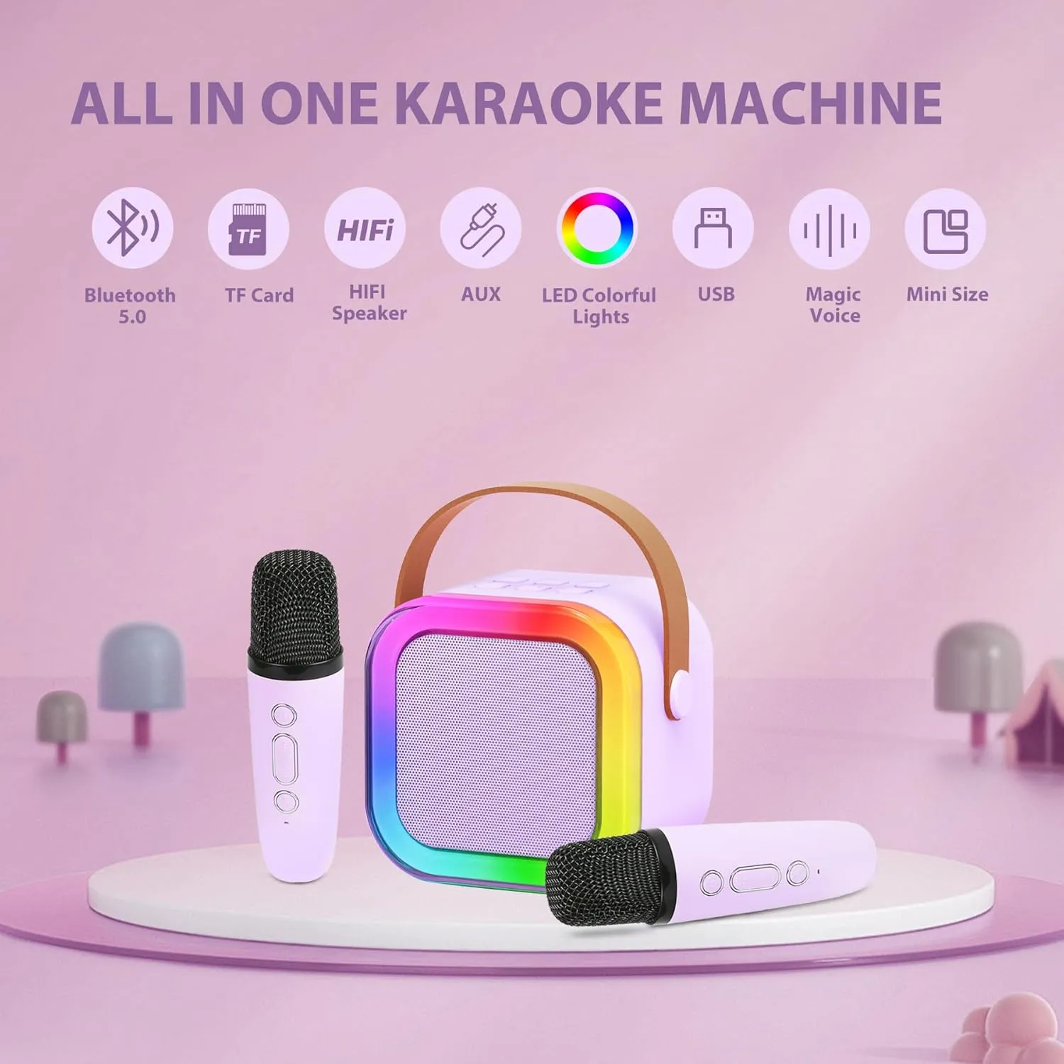 Fede Karaoke Machine for Kids Adults, Mini Karaoke Machine with 2 Wireless Microphones, Portable Bluetooth Speaker with Voice Changing Effects & LED Lights, Best Gifts Toys for Girls and Boys