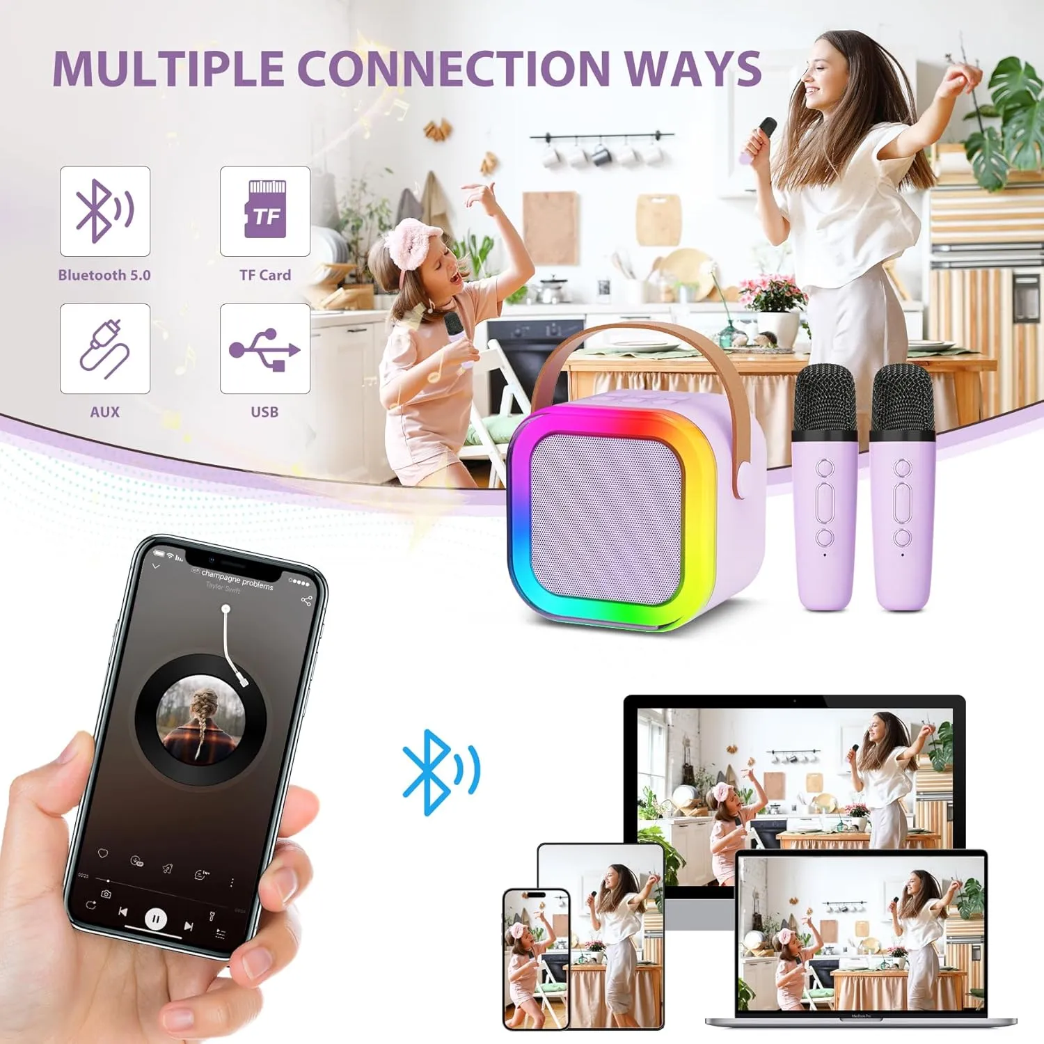 Fede Karaoke Machine for Kids Adults, Mini Karaoke Machine with 2 Wireless Microphones, Portable Bluetooth Speaker with Voice Changing Effects & LED Lights, Best Gifts Toys for Girls and Boys
