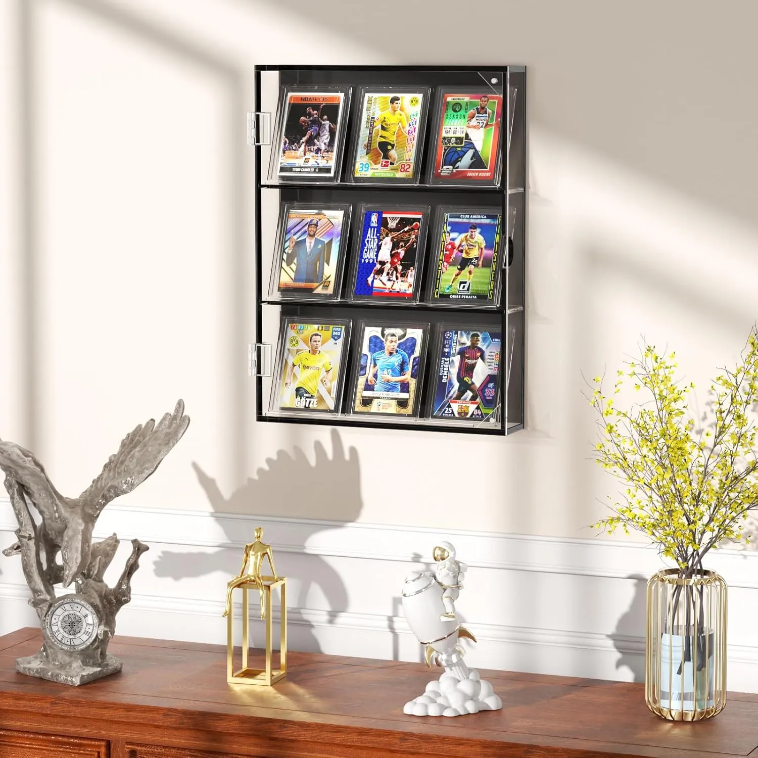 FEMELI Acrylic Baseball Card Display Case,Wall Mount Sports Cards Frame with UV Protection Magnetic Door Clear View,Trading Box Pull Out for Football Basketball Hockey Pokemon, Black clear (01)