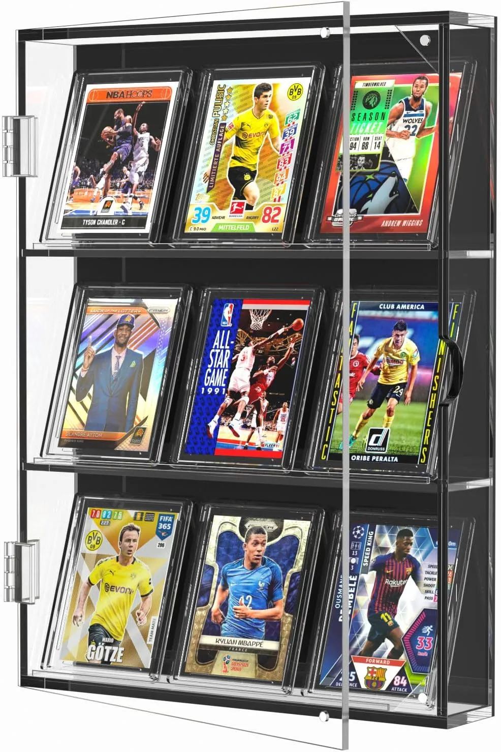 FEMELI Acrylic Baseball Card Display Case,Wall Mount Sports Cards Frame with UV Protection Magnetic Door Clear View,Trading Box Pull Out for Football Basketball Hockey Pokemon, Black clear (01)