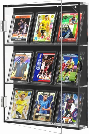 FEMELI Acrylic Baseball Card Display Case,Wall Mount Sports Cards Frame with UV Protection Magnetic Door Clear View,Trading Box Pull Out for Football Basketball Hockey Pokemon, Black clear (01)