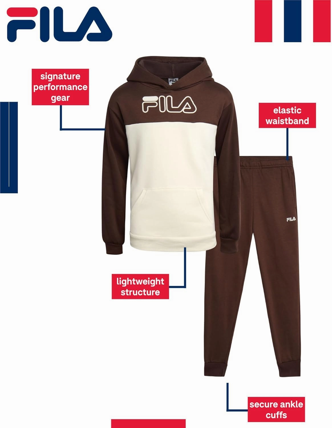 Fila Boys' Tracksuit Set - 2 Piece Performance Fleece Active Hoodie Sweatshirt and Jogger Sweatpants for Boys (Sizes: 8-12)