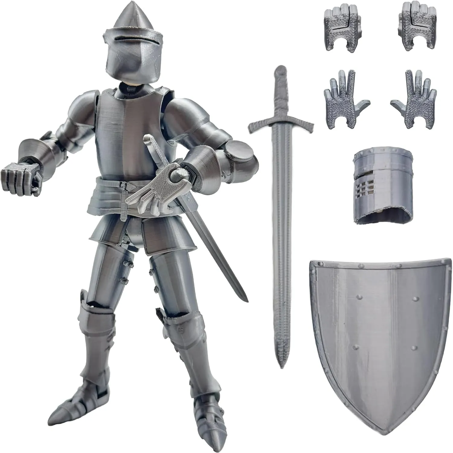 Fine 3D Printed 8.95-inch Medieval Knight T13 Figure, Full Body Mechanical Movable Toy, Metallic Silver Craft Toy, Table Decoration, for Kids/Friends