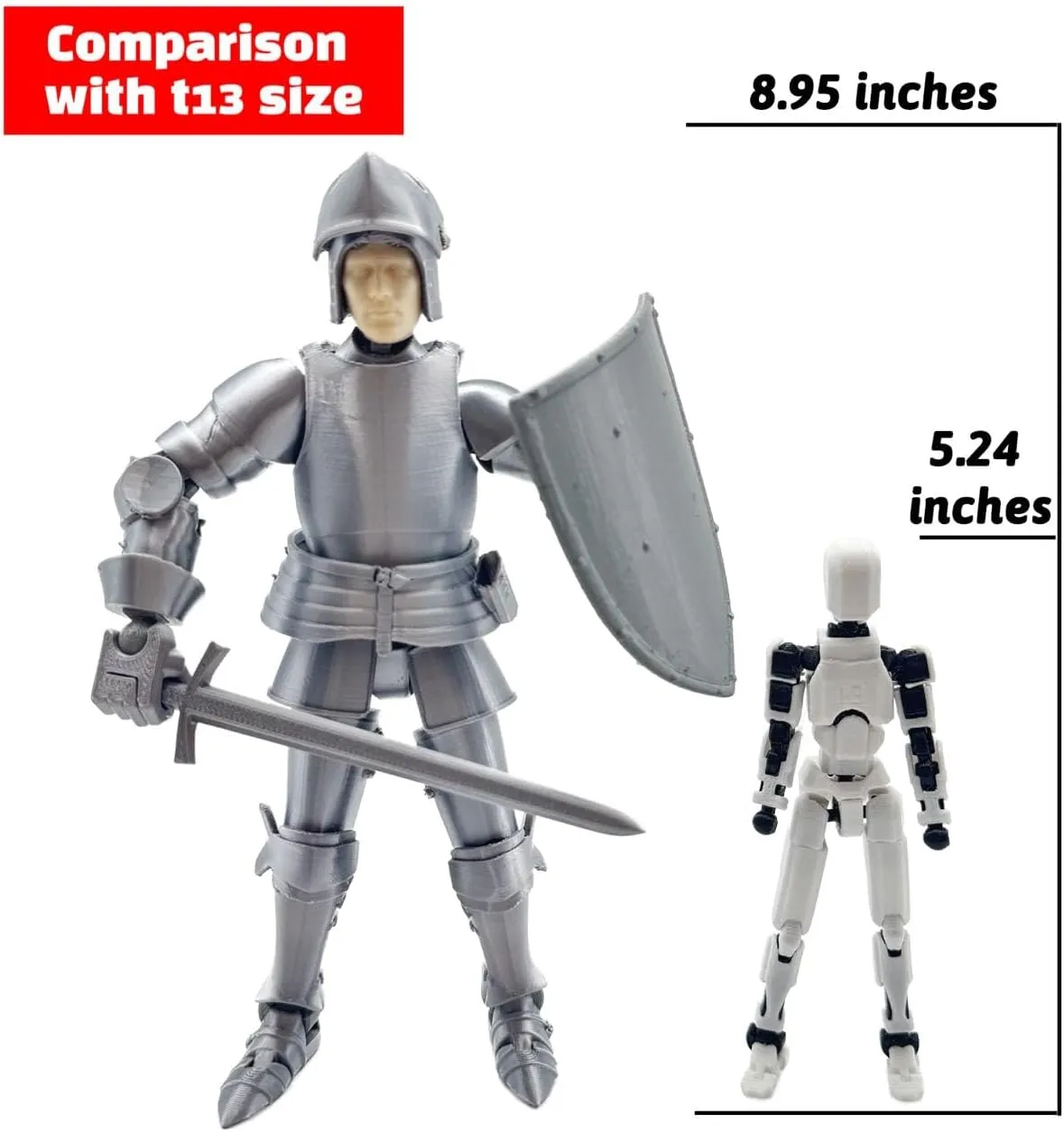 Fine 3D Printed 8.95-inch Medieval Knight T13 Figure, Full Body Mechanical Movable Toy, Metallic Silver Craft Toy, Table Decoration, for Kids/Friends