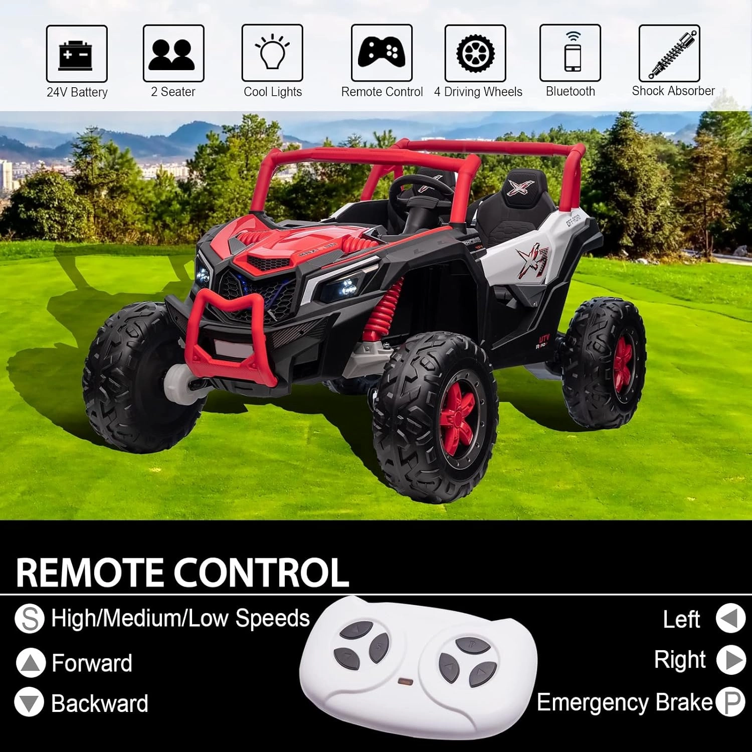 FINITO XXXL 24V 2WD/4WD Ride on UTV,2 Seater Ride On Car with Parents Remote Control Battery Powered Electric Vehicle Toy Ride On Car,Max Speed 4.5mph,Load Capacity 200LBS(Red)