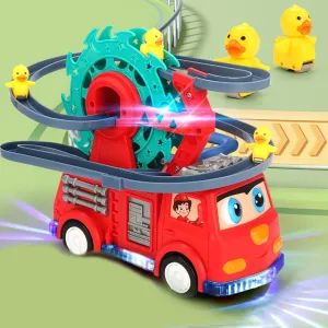 Fire Truck Climbing Slide Music Toy, Electric Fire Truck Climbing Stairs Toy with Slide for Ages 3-8, Fire Trucks Roller Coaster Toys with Lights & Music for Preschool Children's Birthday Gifts (Red)