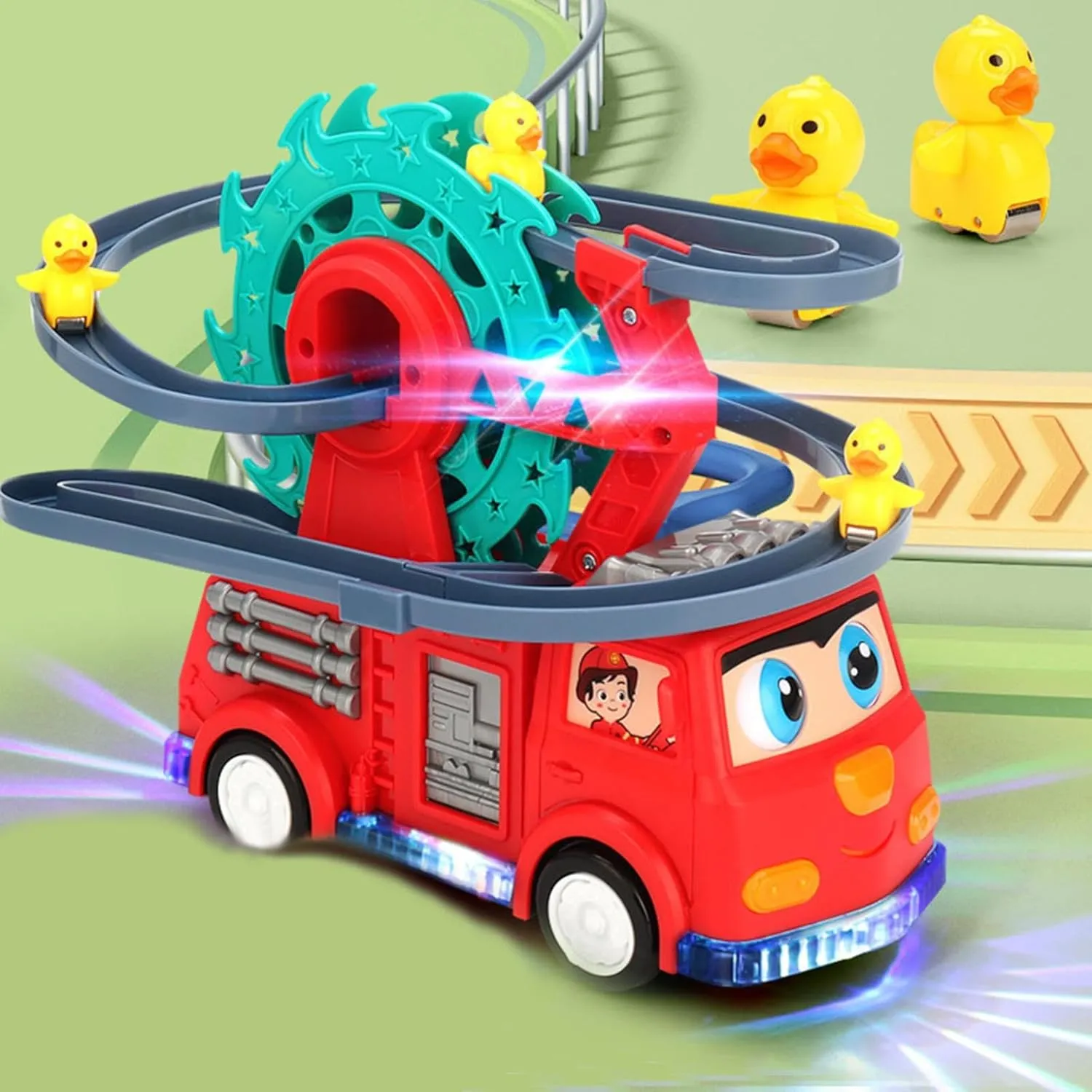 Fire Truck Climbing Slide Music Toy, Electric Fire Truck Climbing Stairs Toy with Slide for Ages 3-8, Fire Trucks Roller Coaster Toys with Lights & Music for Preschool Children's Birthday Gifts (Red)