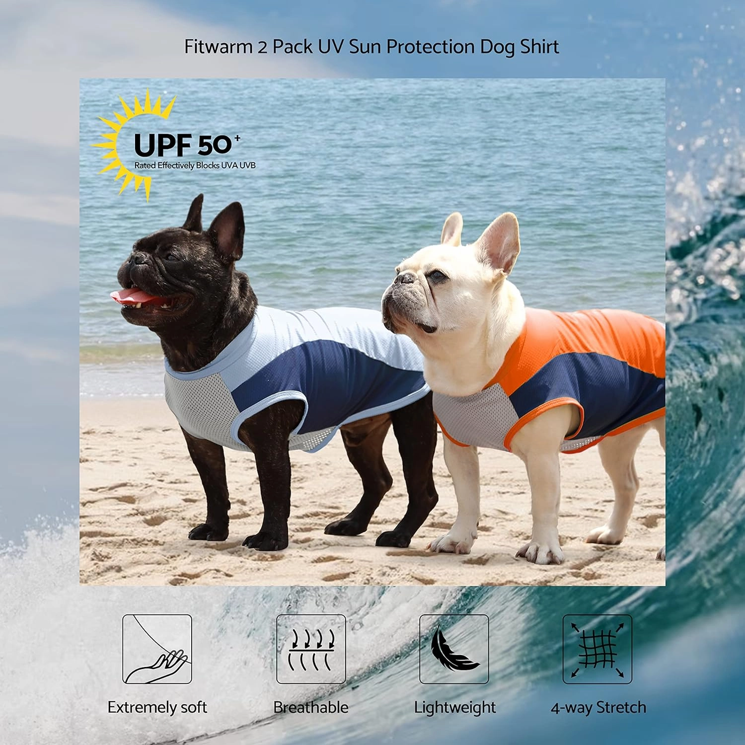 Fitwarm 2 Pack UPF 50  UV Sun Protection Dog Shirt, Quick Dry Summer Dog Clothes for Small Dogs Boy Girl, Reflective Label, Lightweight Breathable Cooling Vest, Pet Cat Outfit, Orange, Blue, XS