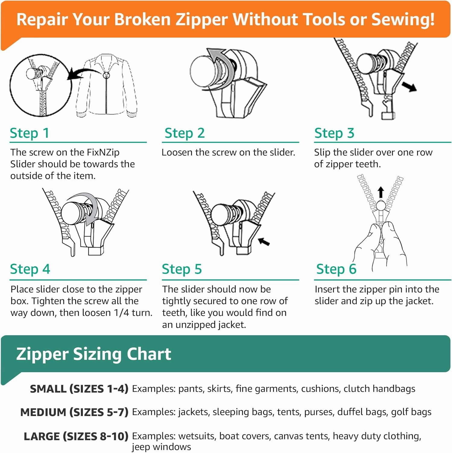 FixnZip (Black Nickel 3 Pack S,M,L) - Universal Zipper Repair Kit for Jackets, Luggage, Bags - Backpack Zipper Replacement Repair Kit