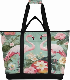 Flamingos Palm Flowers Reusable Insulated Lunchbox Cooler Bag, Leakproof Kitchen Grocery Bag Collapsible Portable Cooler Tote Bag for Picnic, Camping, Office, Travel