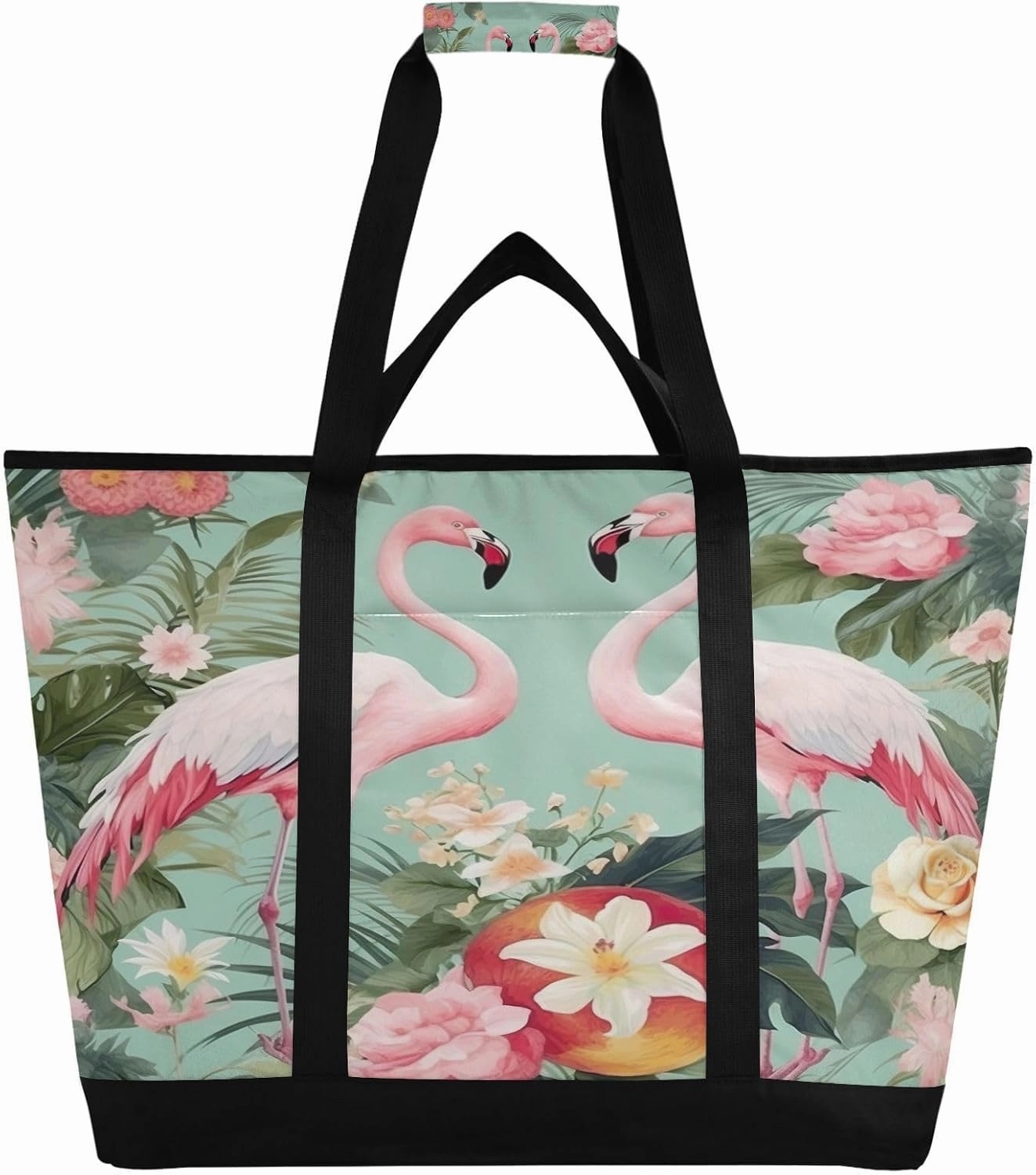 Flamingos Palm Flowers Reusable Insulated Lunchbox Cooler Bag, Leakproof Kitchen Grocery Bag Collapsible Portable Cooler Tote Bag for Picnic, Camping, Office, Travel