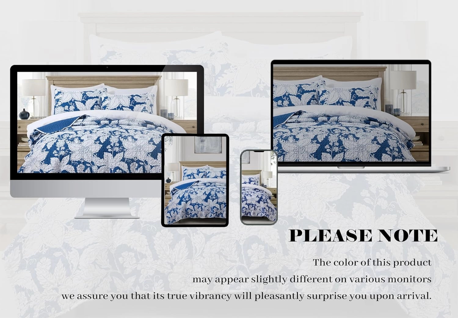 Floral Bedding Quilt Set Bedspread - Blue Floral Quilt Lightweight Reversible Dyed Oversized Bed Spread Coverlet with 2 Pillowsham for Home All Season Tropical Royal Luxury (King)