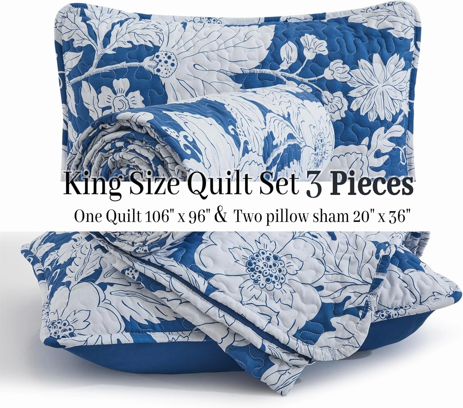 Floral Bedding Quilt Set Bedspread - Blue Floral Quilt Lightweight Reversible Dyed Oversized Bed Spread Coverlet with 2 Pillowsham for Home All Season Tropical Royal Luxury (King)