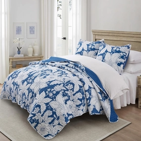 Floral Bedding Quilt Set Bedspread - Blue Floral Quilt Lightweight Reversible Dyed Oversized Bed Spread Coverlet with 2 Pillowsham for Home All Season Tropical Royal Luxury (King)