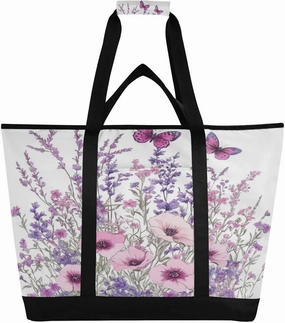 Flowers Butterfly Reusable Insulated Lunchbox Cooler Bag, Leakproof Kitchen Grocery Bag Collapsible Portable Cooler Tote Bag for Picnic, Camping, Office, Travel