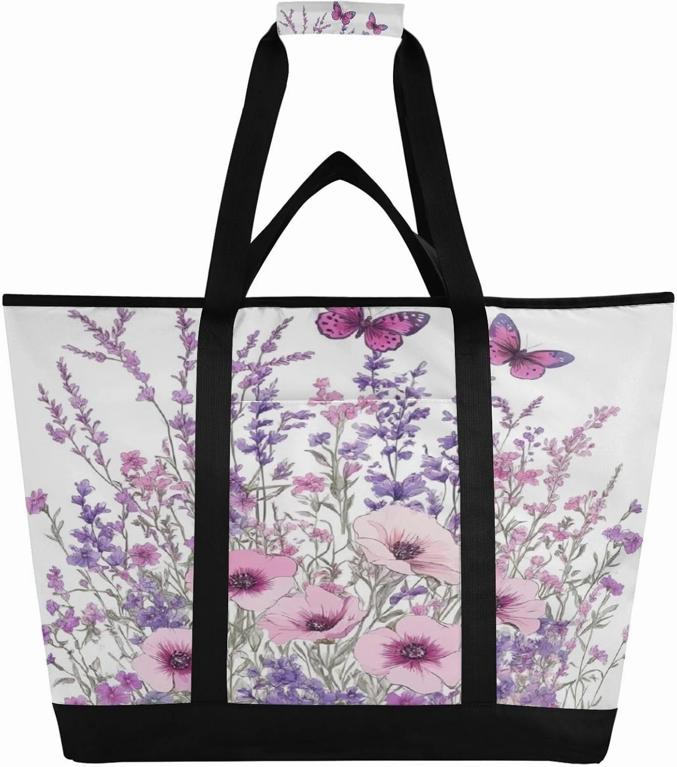 Flowers Butterfly Reusable Insulated Lunchbox Cooler Bag, Leakproof Kitchen Grocery Bag Collapsible Portable Cooler Tote Bag for Picnic, Camping, Office, Travel