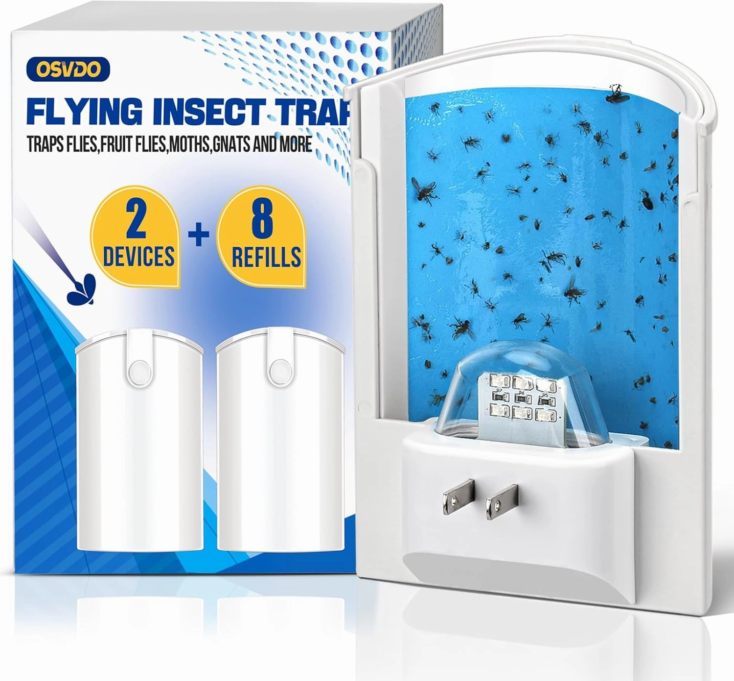 Flying Insect Trap, Indoor Plug-in Fly Trap for Home, Mosquito Killer Indoor Gnat Moth Trap Fly Catcher with Night UV Light, Mosquito Attractant Bug Zapper for Home, Office (2 x Devices & 8 x Refills)