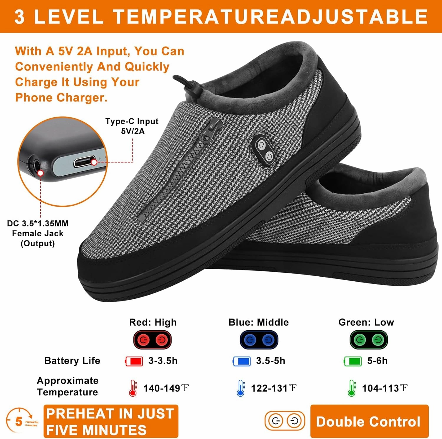 Foot Warmer, Kamlif Free-Moving Heating Pad Heated Slippers for Men Women, Rechargeable Electric Shoes Indoor House Shoes Plush Slip Outdoor Camping Feet Warmer with 5000 mAh Battery