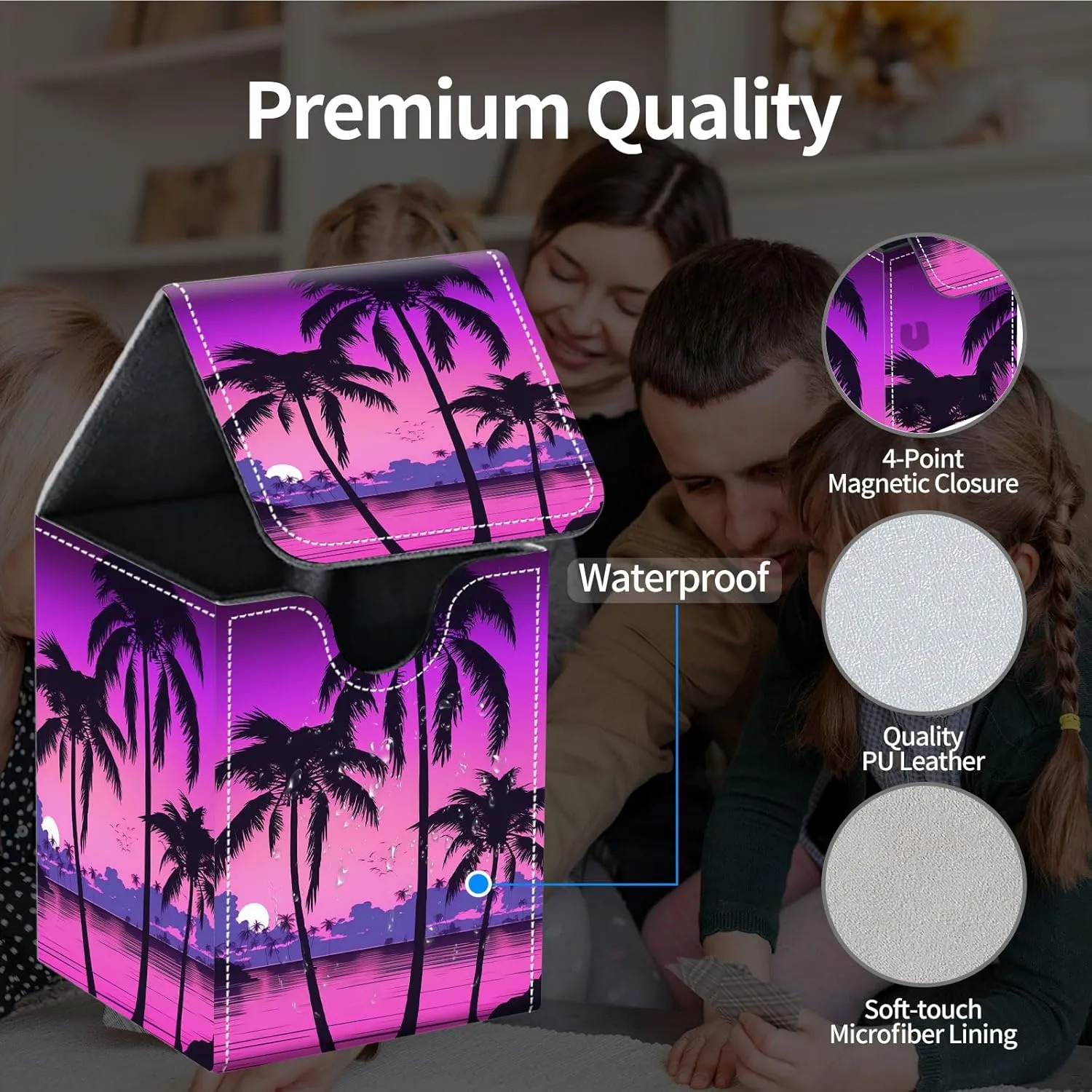 For MTG Deck Box, Fits 100  Single Sleeved Cards, Strong Magnet Card Deck Box, PU Leather Trading Card Storage Box, TCG, CCG Cards Secure Storage for Trading Card, Palm Trees Sunset Tropical