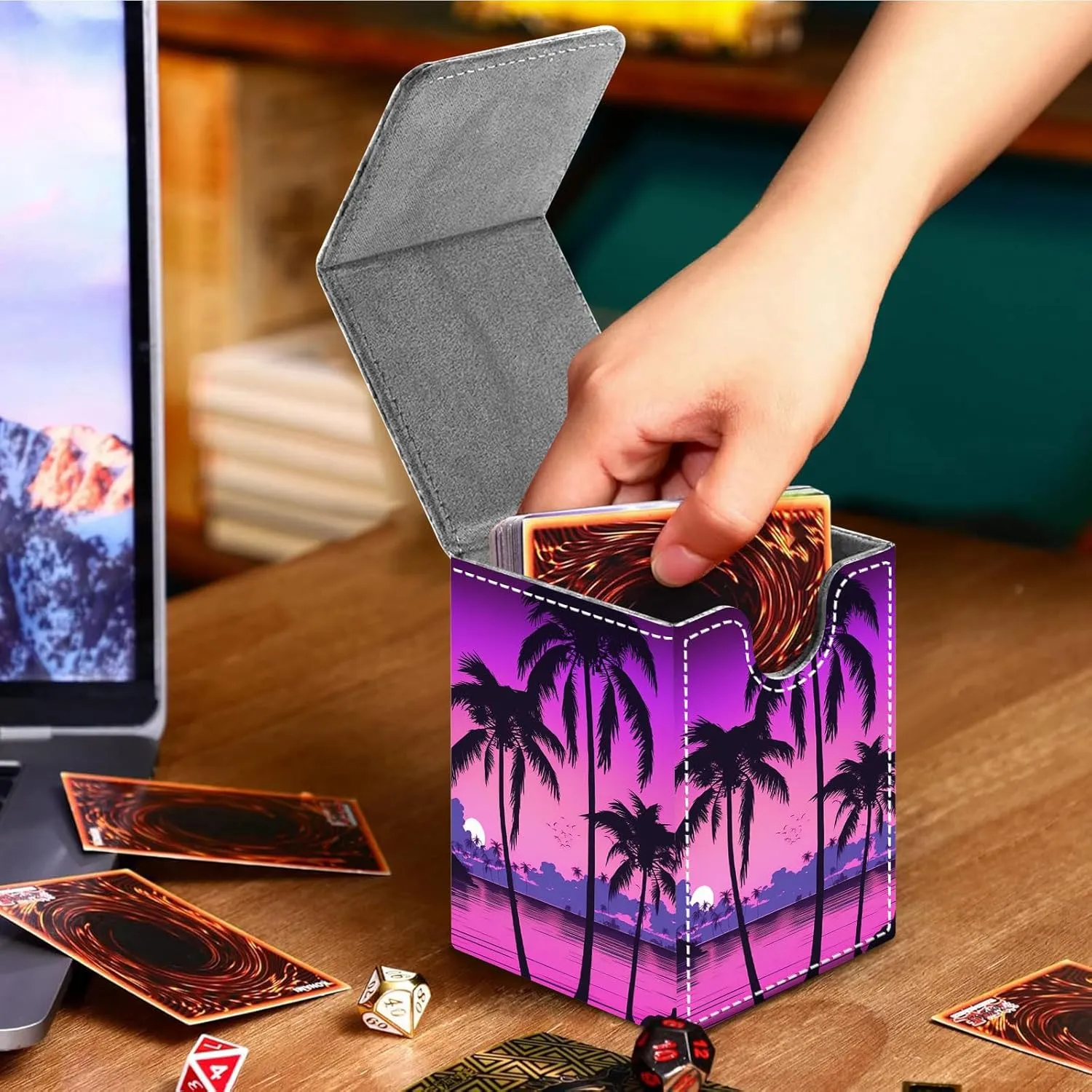For MTG Deck Box, Fits 100  Single Sleeved Cards, Strong Magnet Card Deck Box, PU Leather Trading Card Storage Box, TCG, CCG Cards Secure Storage for Trading Card, Palm Trees Sunset Tropical