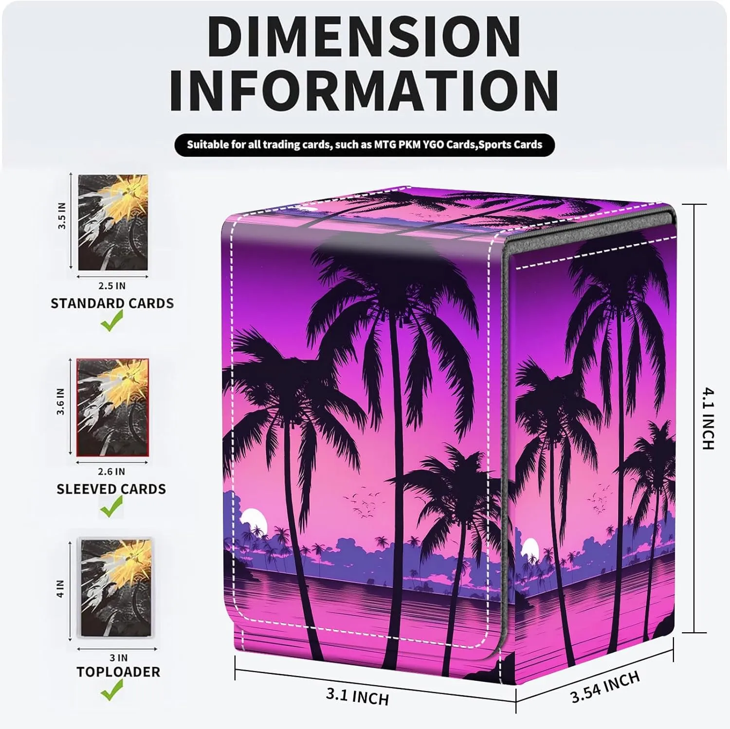 For MTG Deck Box, Fits 100  Single Sleeved Cards, Strong Magnet Card Deck Box, PU Leather Trading Card Storage Box, TCG, CCG Cards Secure Storage for Trading Card, Palm Trees Sunset Tropical
