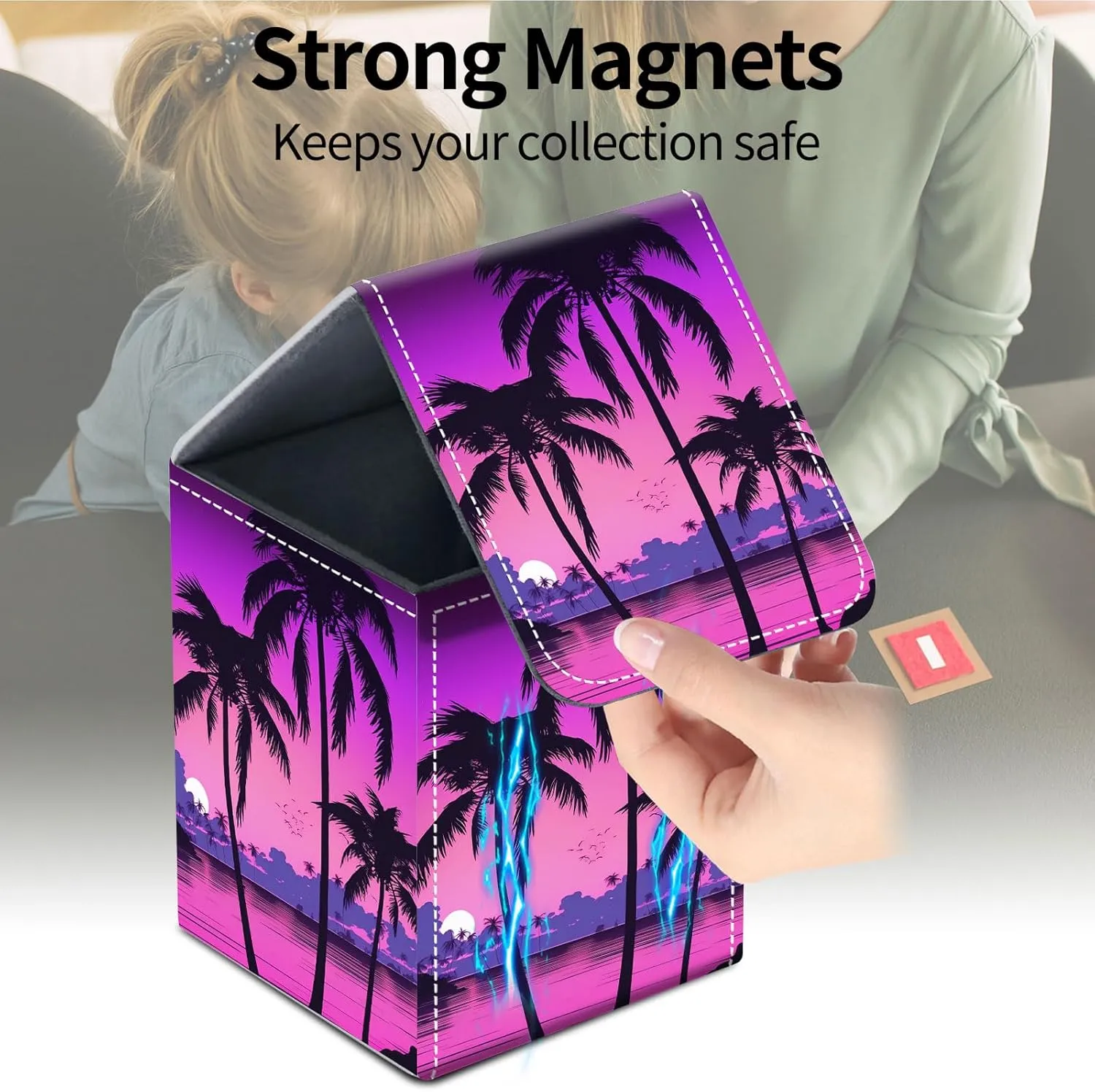 For MTG Deck Box, Fits 100  Single Sleeved Cards, Strong Magnet Card Deck Box, PU Leather Trading Card Storage Box, TCG, CCG Cards Secure Storage for Trading Card, Palm Trees Sunset Tropical