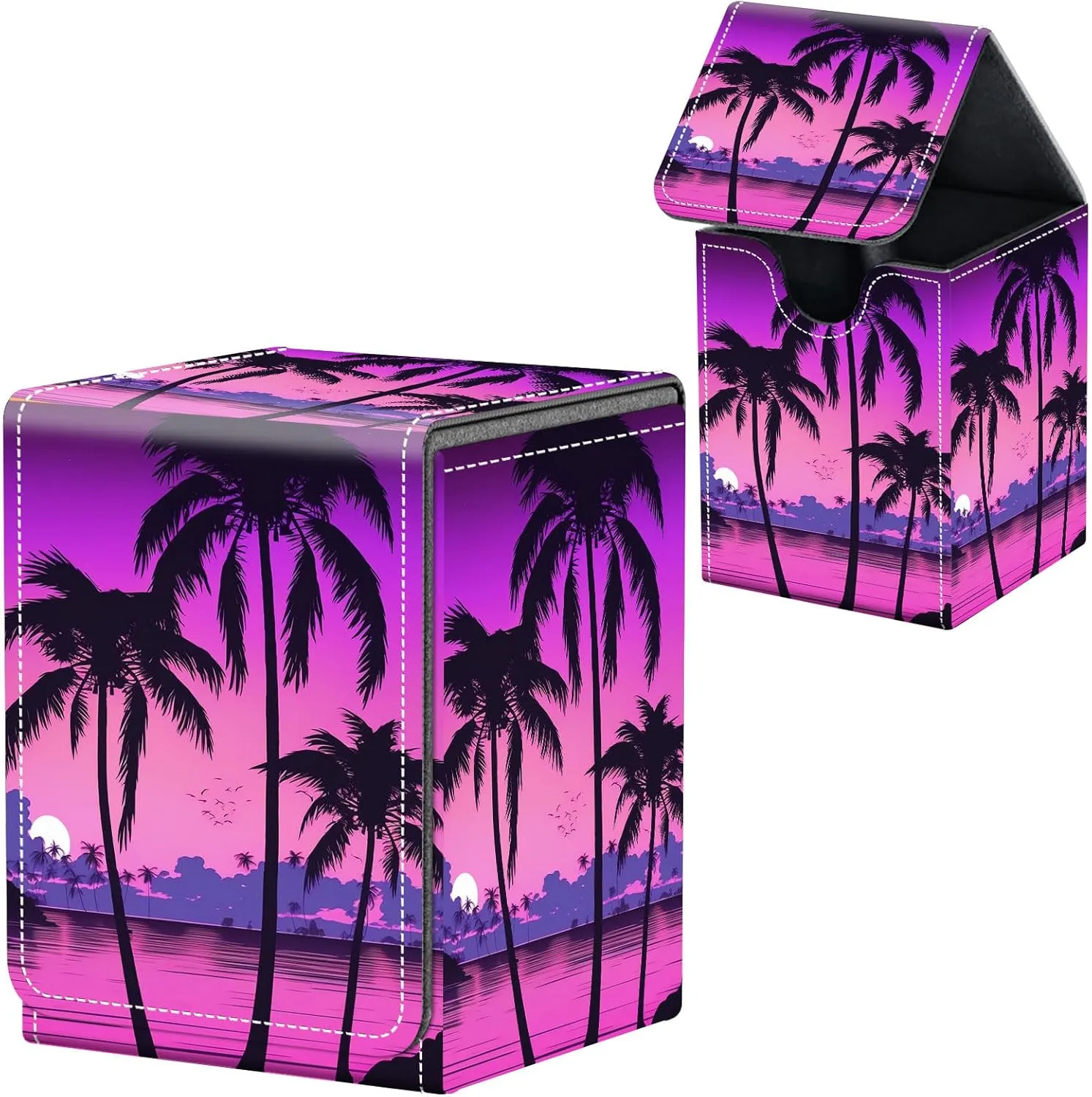 For MTG Deck Box, Fits 100  Single Sleeved Cards, Strong Magnet Card Deck Box, PU Leather Trading Card Storage Box, TCG, CCG Cards Secure Storage for Trading Card, Palm Trees Sunset Tropical