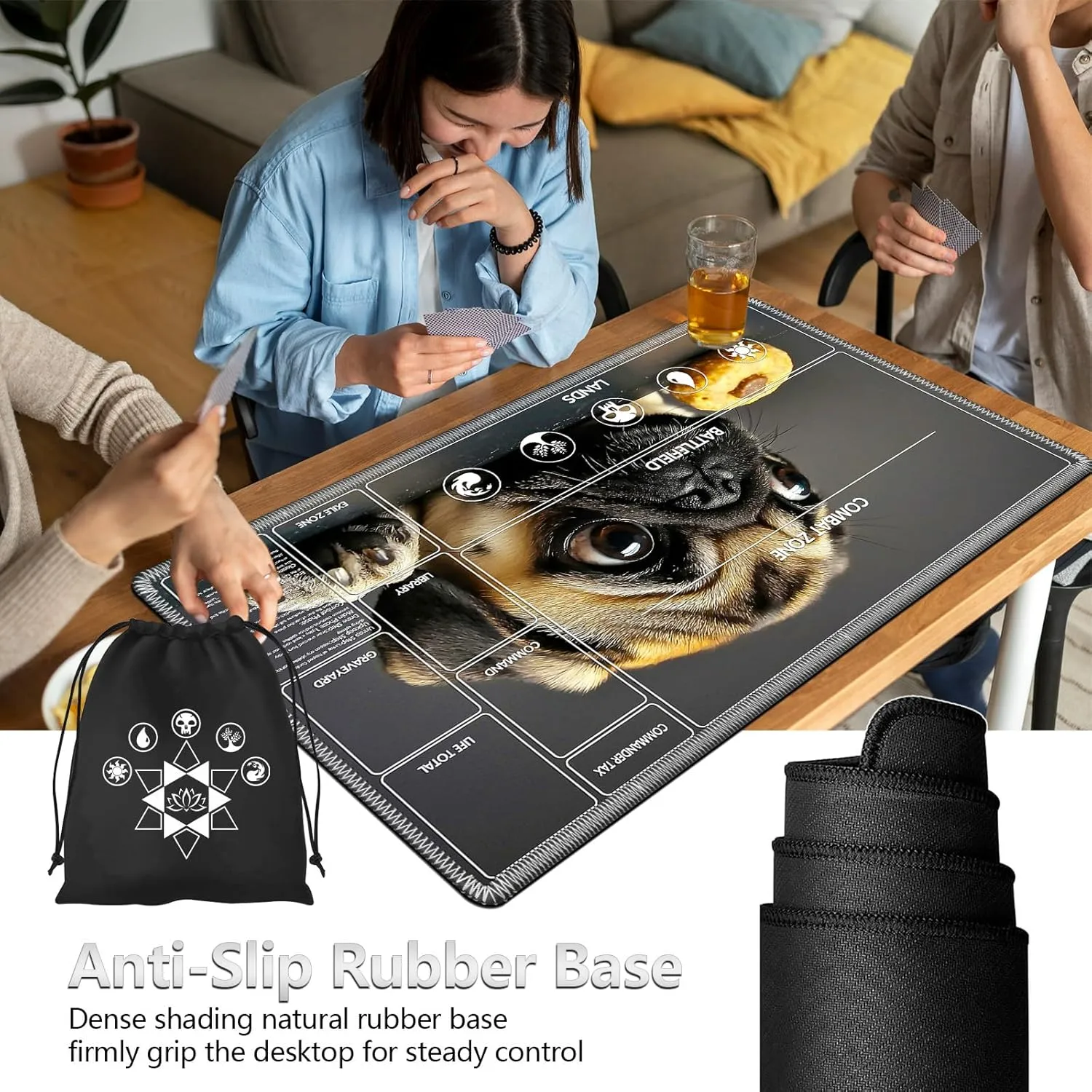 for MTG Playmat with Card Storage Bag,Non-Slip Rubber Base & Smooth Surface 24x14in,Beginner-Friendly Magic Mat for Commander Deck,Cute Dog