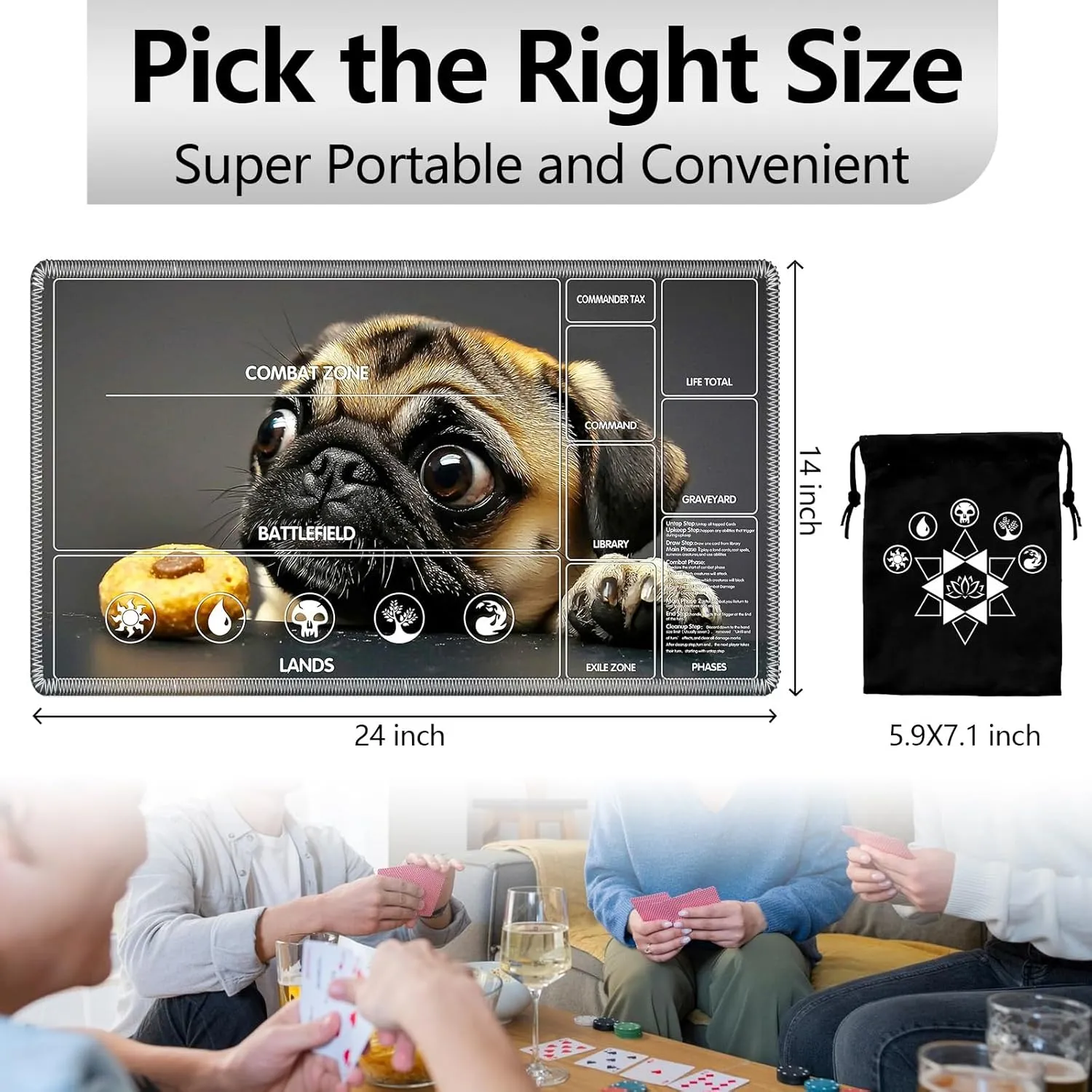 for MTG Playmat with Card Storage Bag,Non-Slip Rubber Base & Smooth Surface 24x14in,Beginner-Friendly Magic Mat for Commander Deck,Cute Dog