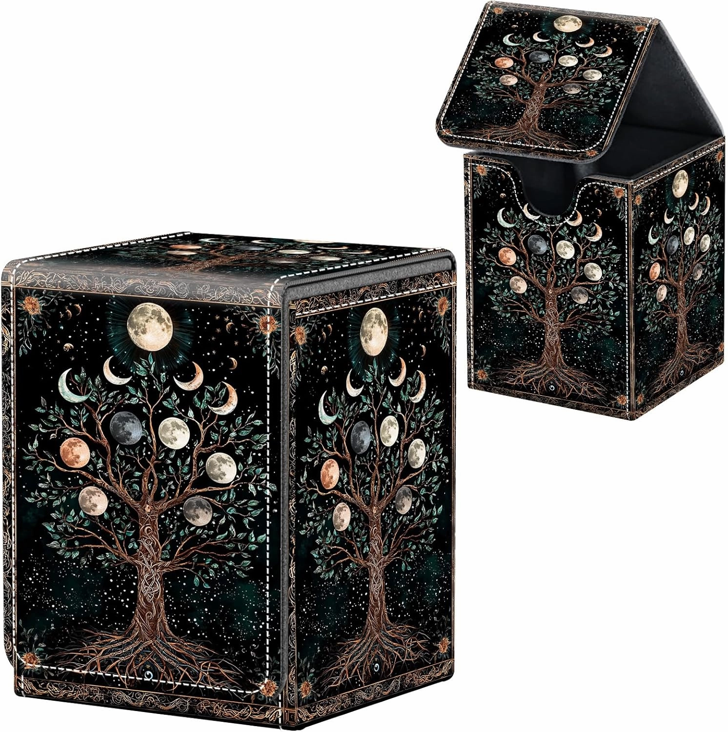 For MTG Deck Box, Fits 100  Single Sleeved Cards, Strong Magnet Card Deck Box, PU Leather Trading Card Storage Box, TCG, CCG Cards Secure Storage for Trading Card, Tree of Life and Moon