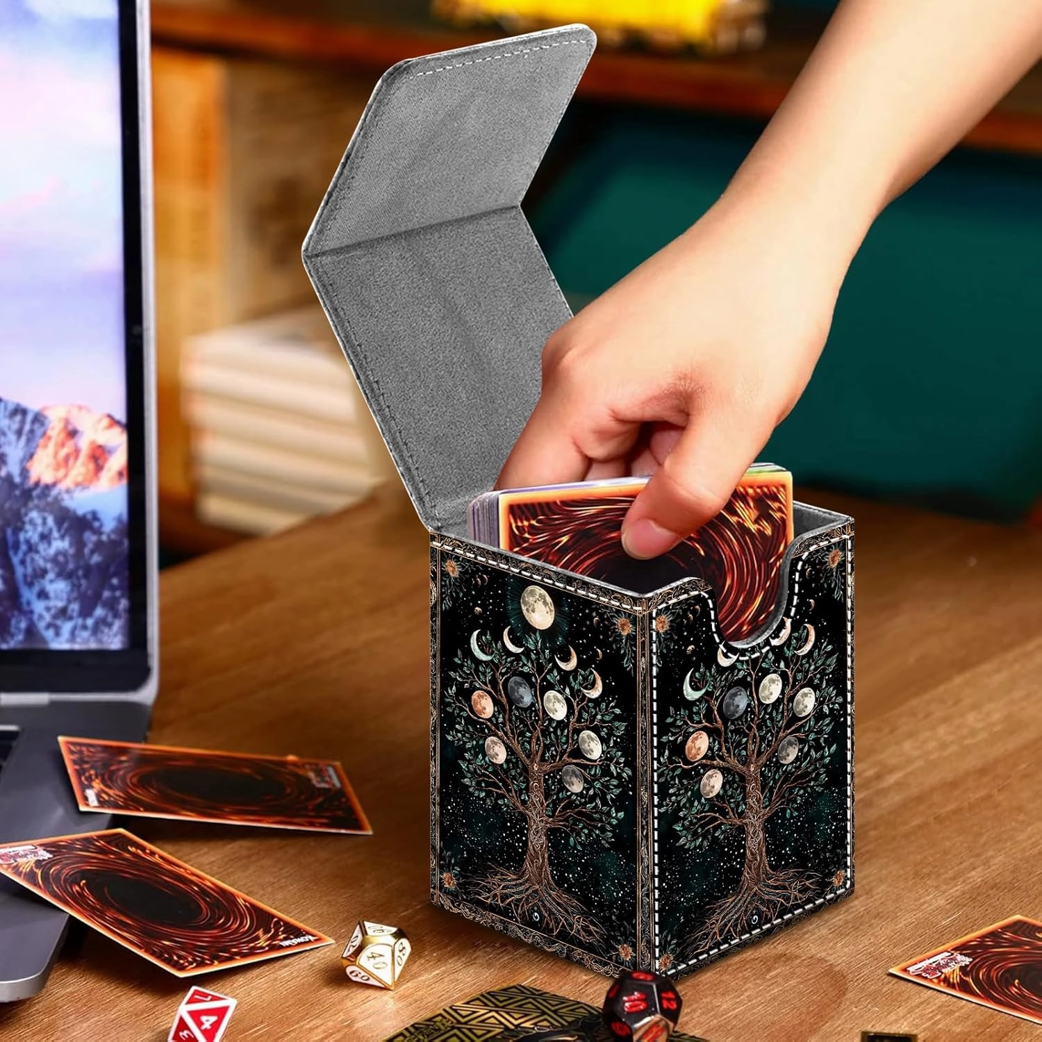 For MTG Deck Box, Fits 100  Single Sleeved Cards, Strong Magnet Card Deck Box, PU Leather Trading Card Storage Box, TCG, CCG Cards Secure Storage for Trading Card, Tree of Life and Moon