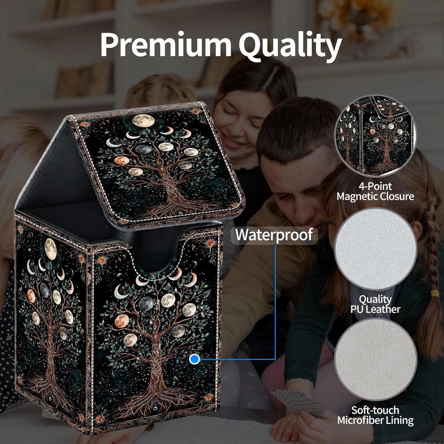For MTG Deck Box, Fits 100  Single Sleeved Cards, Strong Magnet Card Deck Box, PU Leather Trading Card Storage Box, TCG, CCG Cards Secure Storage for Trading Card, Tree of Life and Moon