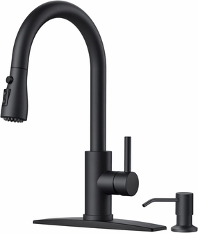 FORIOUS Black Kitchen Faucet with Soap Dispenser and Pull Down Sprayer, High Arc Single Handle Classic 3 Modes Stainless Steel Faucet for Kitchen Sink Farmhouse RV Bar Laundry Camper