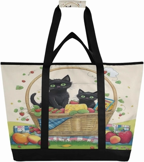 Fruit Basket Black Cats Reusable Insulated Lunchbox Cooler Bag, Leakproof Kitchen Grocery Bag Collapsible Portable Cooler Tote Bag for Picnic, Camping, Office, Travel