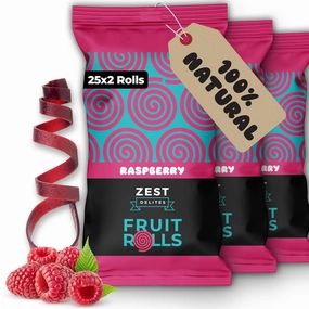 Fruit Rolls by Zest Delites, 100% Natural Healthy Fruit Snacks Bulk for Kids & Adults, Made from Real Raspberry Leather, Vegan, School Lunch Snack, A Twist on Raspberry Strips, 25 Packs