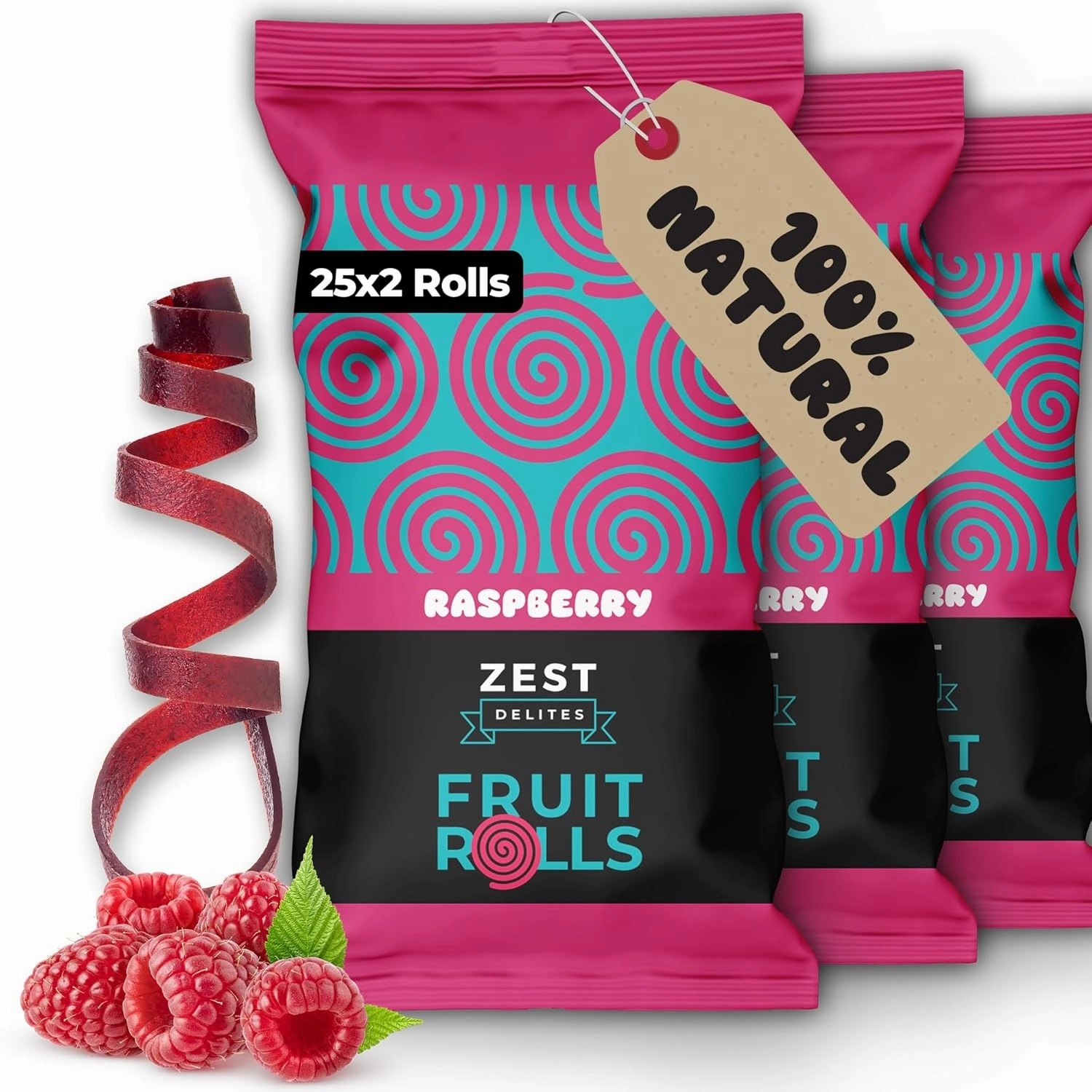 Fruit Rolls by Zest Delites, 100% Natural Healthy Fruit Snacks Bulk for Kids & Adults, Made from Real Raspberry Leather, Vegan, School Lunch Snack, A Twist on Raspberry Strips, 25 Packs