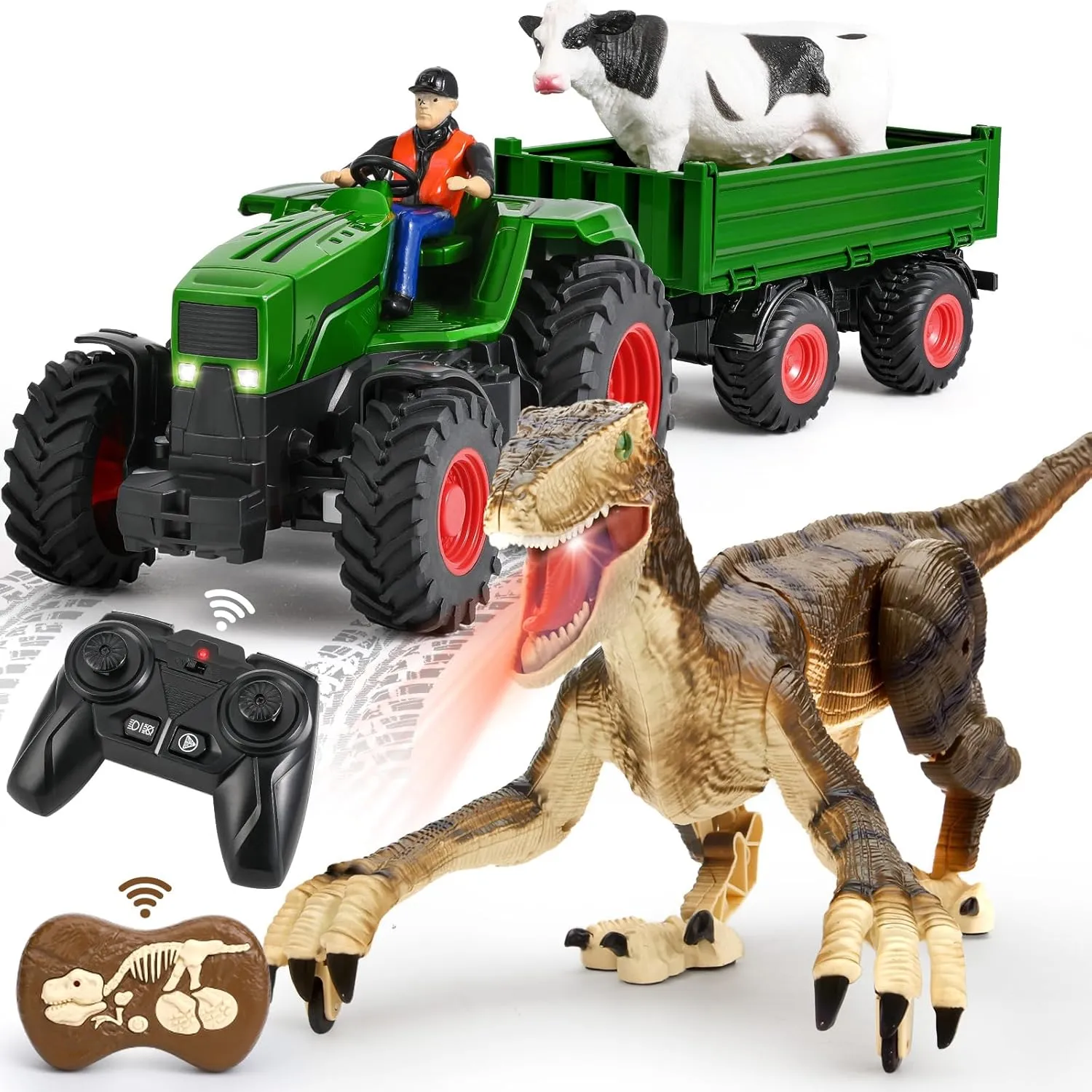 FRUSE Remote Control Tractor&Dinosaur Toys for Kids,2.4 Ghz RC Tractor W/ 2 Rechargeable Batteries,Light,Animal,RC Dinosaur W/LED Light,Roaring,USB Rechargeable
