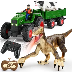 FRUSE Remote Control Tractor&Dinosaur Toys for Kids,2.4 Ghz RC Tractor W/ 2 Rechargeable Batteries,Light,Animal,RC Dinosaur W/LED Light,Roaring,USB Rechargeable