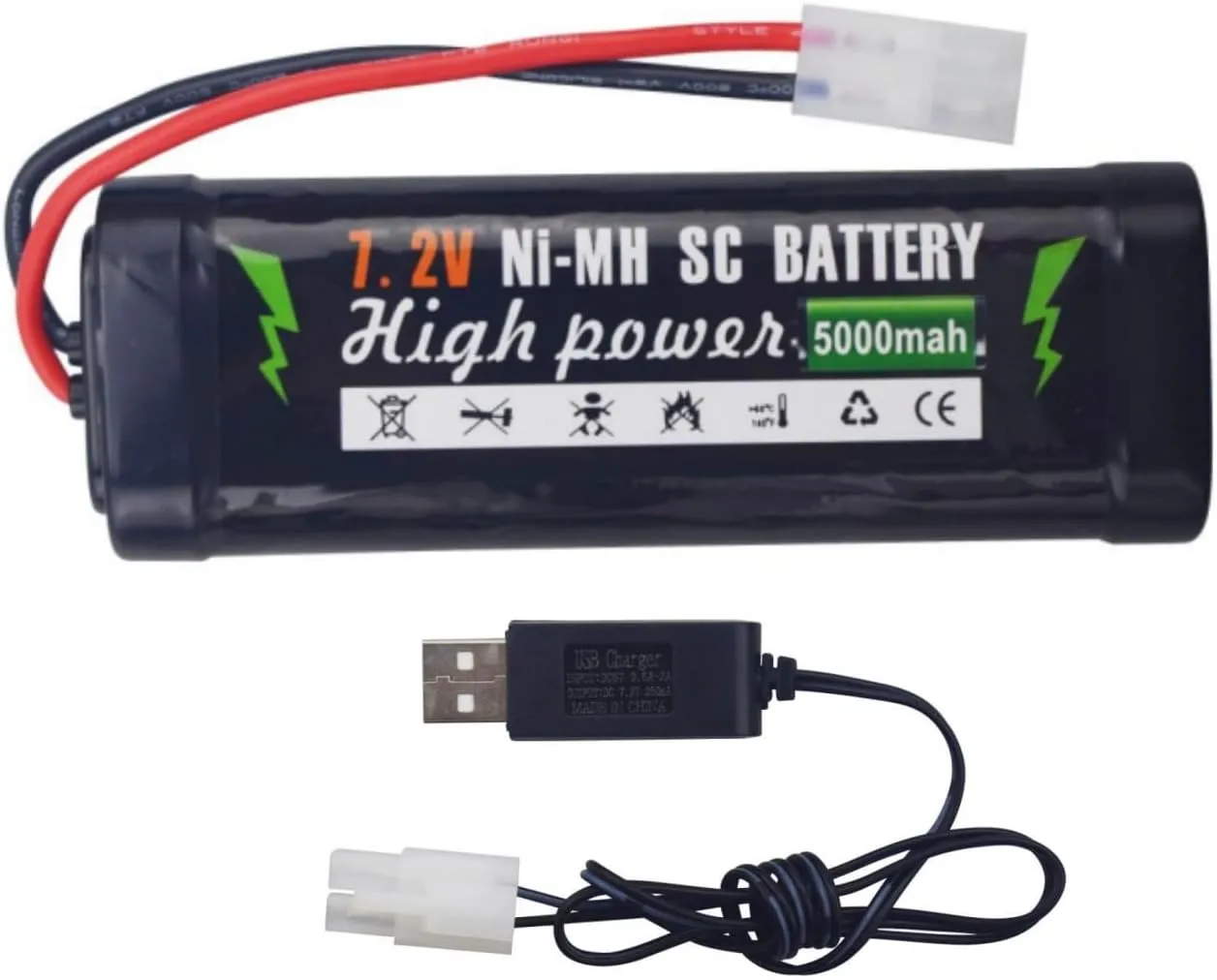 Fytoo 1PCS 7.2V 5000mAh NiMH Battery with KET-2P Plug with 1PCS USB Charging Cable for RC Truggy Buggy Tanks Racing RC Cars Trucks High Power with Tamiya Connector Battery