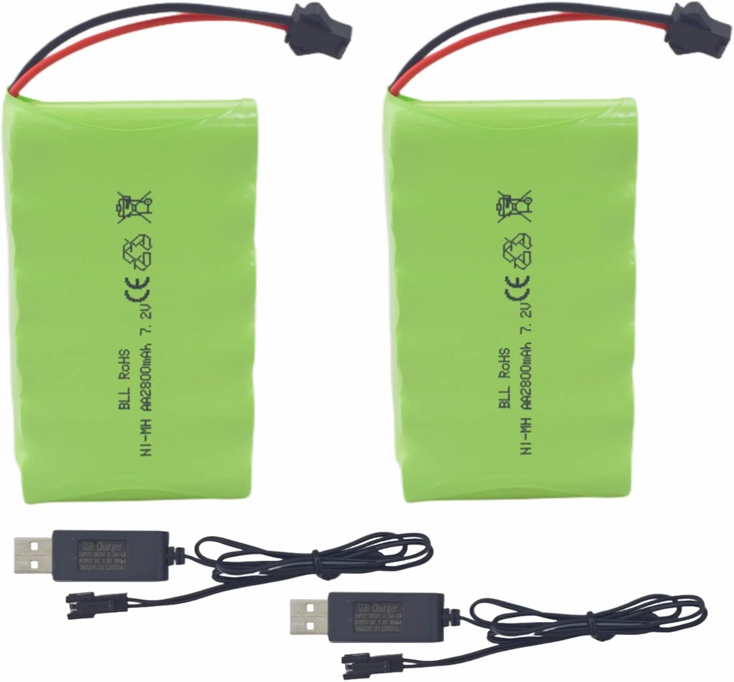 Fytoo 2PCS 7.2V 2800mah AA Rechargeable Battery with SM-2P Plug with USB Charging Cable for Huina 1550 550 RC Excavator Car Truck Engineering Car TR-211 RC Toy Battery