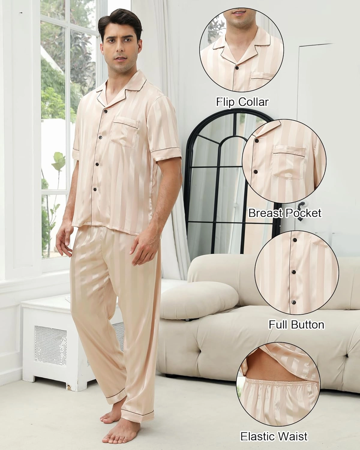 GAESHOW Mens Silk Pajama Set, Short Sleeve Silk Satin Pajamas for Men Soft Mens Loungewear Sets 2 Piece Button Down Pjs Set