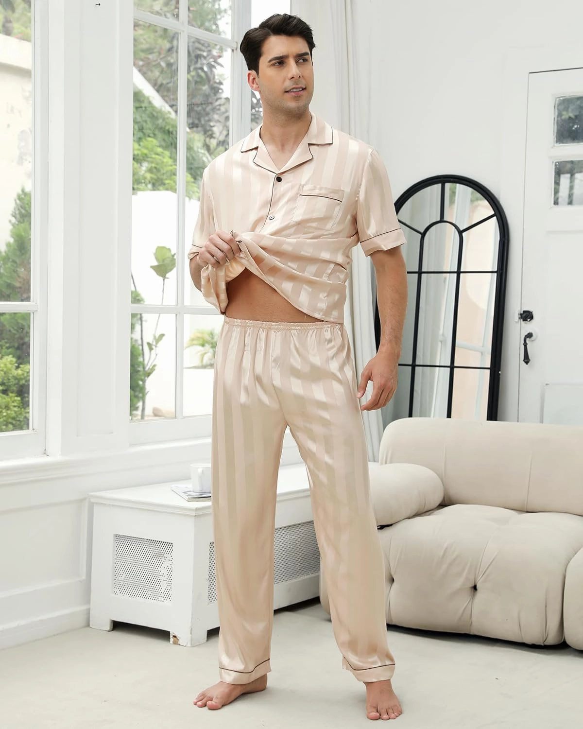 GAESHOW Mens Silk Pajama Set, Short Sleeve Silk Satin Pajamas for Men Soft Mens Loungewear Sets 2 Piece Button Down Pjs Set