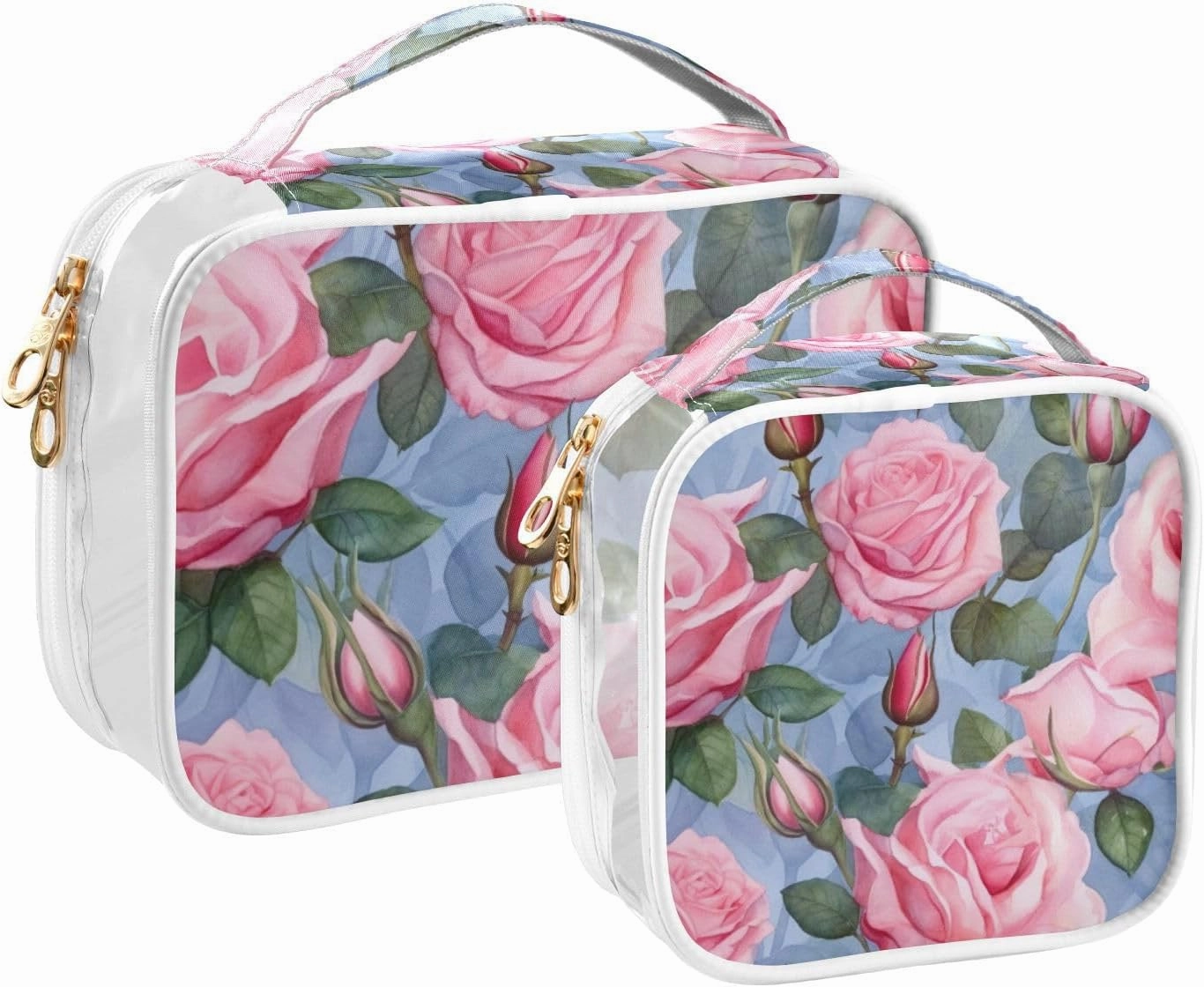GAIGEO Colorful Pink Roses on the Watercolor Clear Makeup Bag 2 Piece, Toiletry Bag for Traveling, Womans Travel Toiletry Bag, 2 Pack