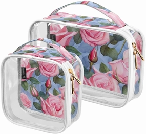 GAIGEO Colorful Pink Roses on the Watercolor Clear Makeup Bag 2 Piece, Toiletry Bag for Traveling, Womans Travel Toiletry Bag, 2 Pack