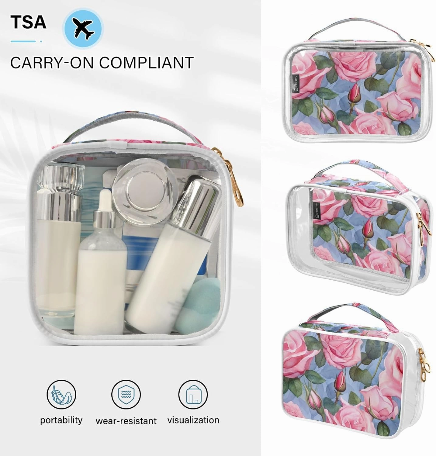 GAIGEO Colorful Pink Roses on the Watercolor Clear Makeup Bag 2 Piece, Toiletry Bag for Traveling, Womans Travel Toiletry Bag, 2 Pack