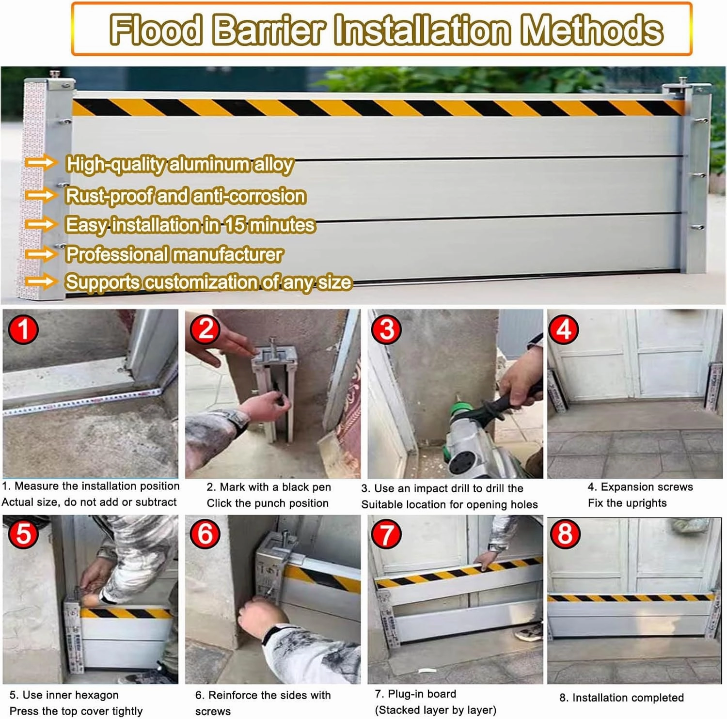 Garage/Home/Doors Metal Flood Control Barrier 3/4/5/6/7/8/9/10/11/12/13/14/15/16ft Aluminum Flood Protection Barriers Shield Interior/External Mounting Upright Reusable Removable Water(H 2.6ft